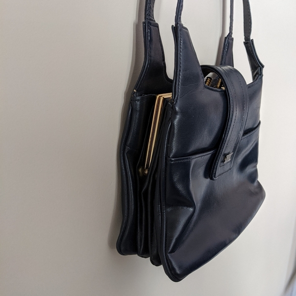 Vintage 90s Navy Faux Leather Bag - Picture 3 of 11